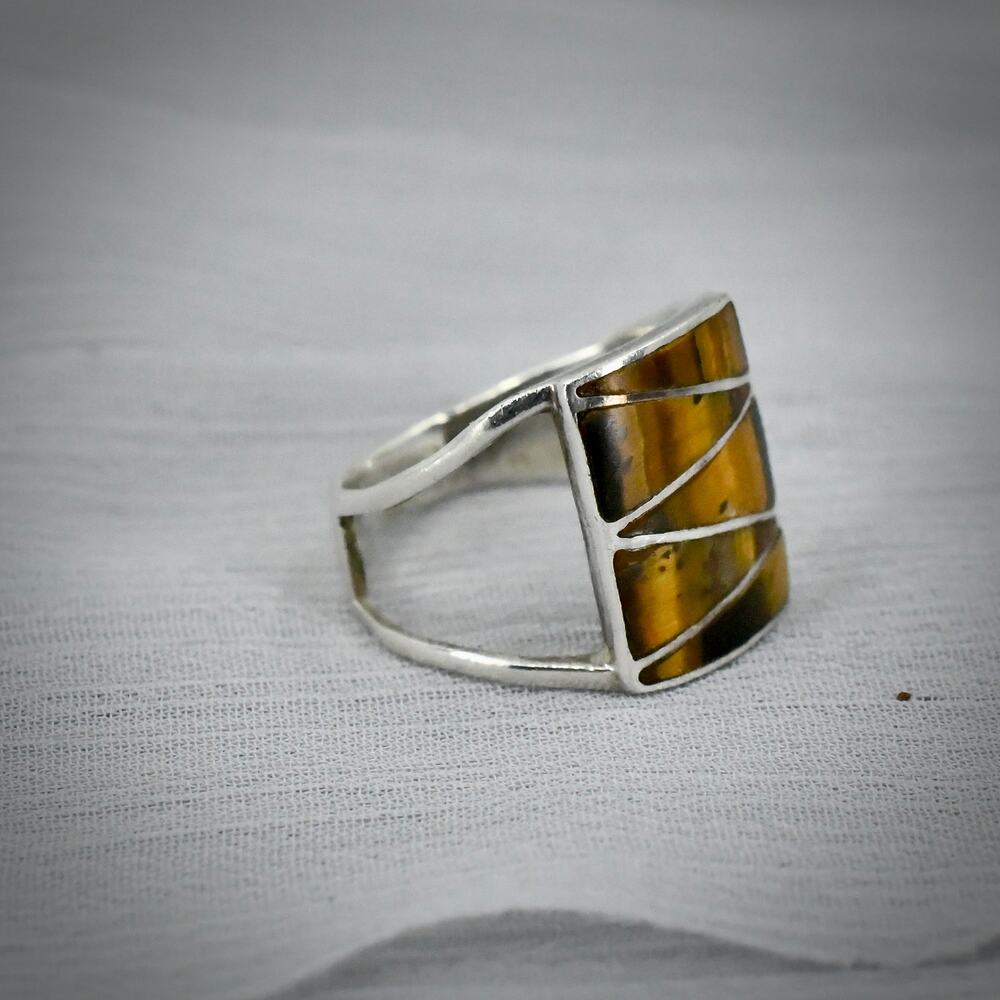CW 925 Sterling Silver Ring Tiger's Eye Block Inlay 3.2g Size 7.5